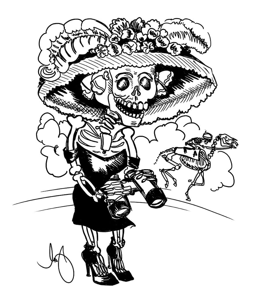 Катрина Калавера, скелет, день смерти, Dia de Los Muertos, Muertos, День мертвых, чернила, Рисование, Хэллоуин, комический, смешной