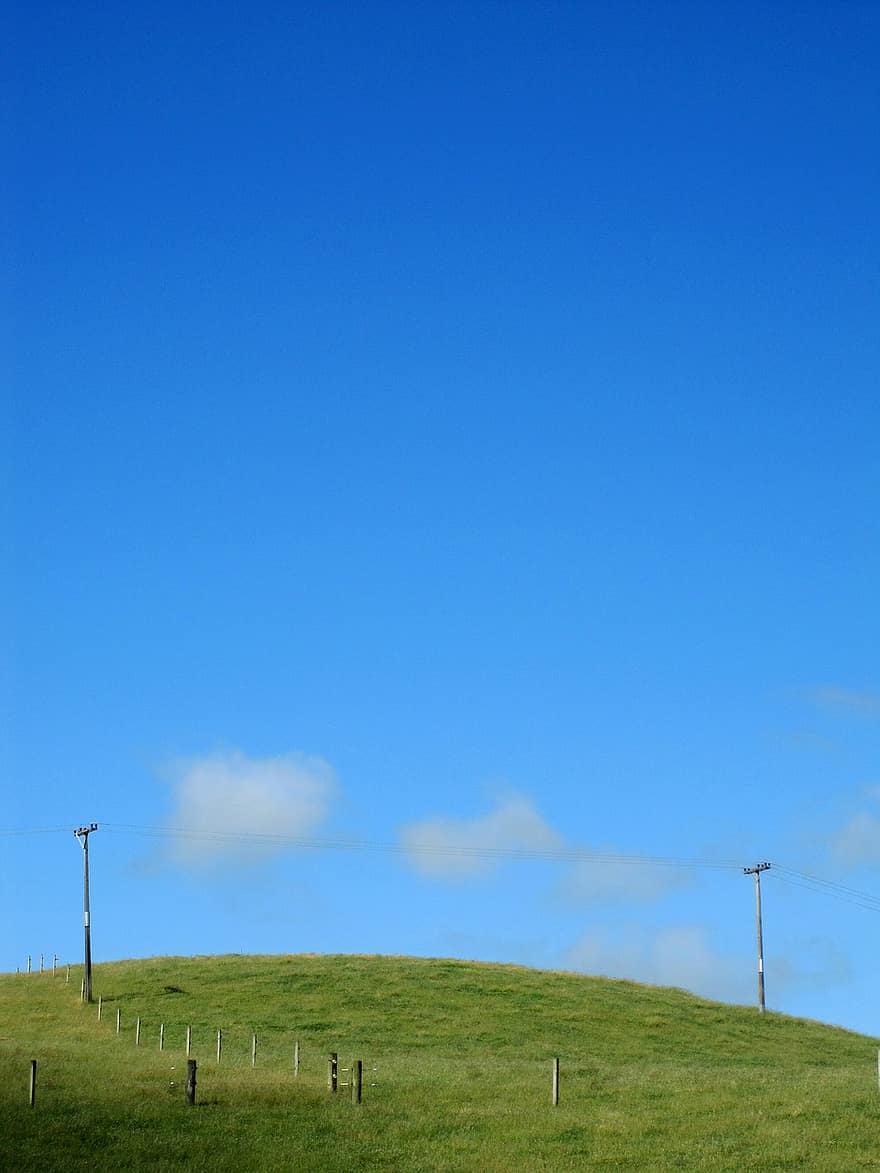 collina, terreni agricoli, erba, paddock, azienda agricola, nuvole, verde, Nuova Zelanda, pascolo, rurale, blu