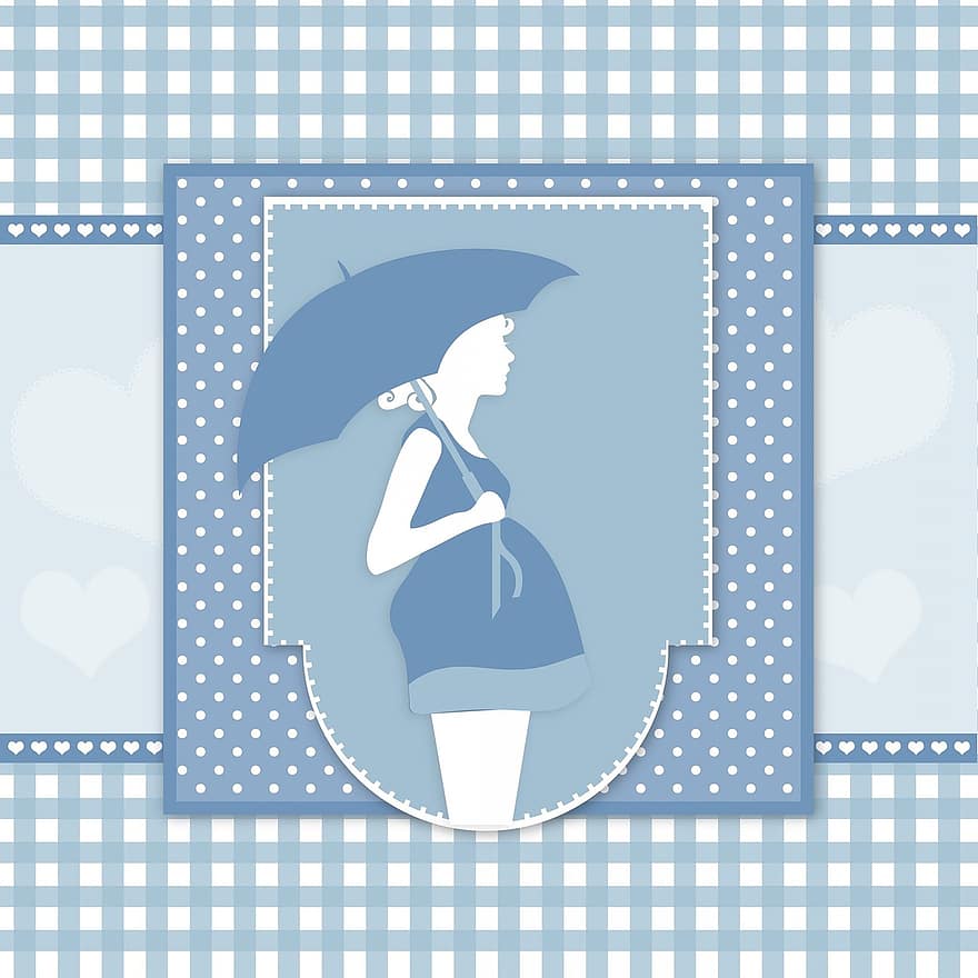 žena, těhotná, těhotenství, deštník, miminko, karta, šablona, roztomilý, puntíky, modrý, bílý