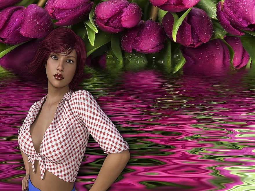 Fantasy, Flowers, Tulips, Water, Girl, Color