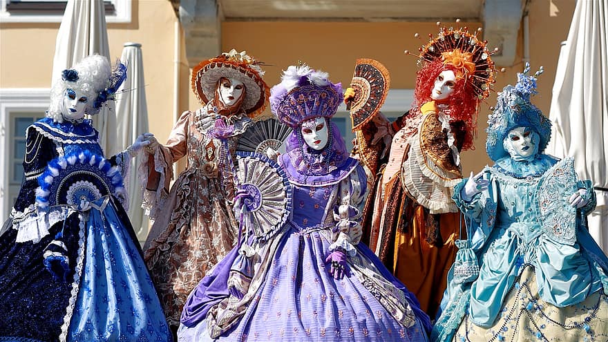カーニバル、なりすまし、ヴェネツィア、コスチューム、祭り、ベネチアンマスク、ヴェネツィアのカーニバル、女性たち、文化、伝統的な、旅行カーニバル