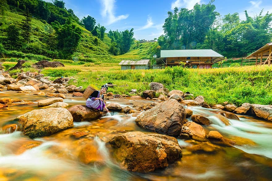 потік, річка, жінка, скелі, води, Кошик хмонг, ферми, сільській місцевості, сільський, природи, декорації