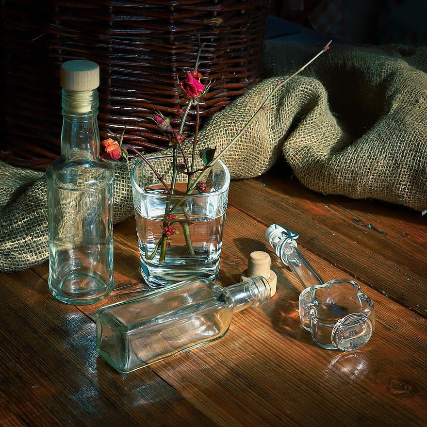 årgang, glas, flasker, Skærm, bord, dekoration, retro, kunstværk, flaske, træ, tæt på