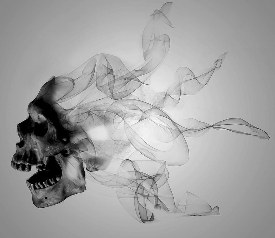 Изобразительное искусство, черепа, дым, черное и белое, череп, черный, смерть, скелет, фильм ужасов, темно, серый дым