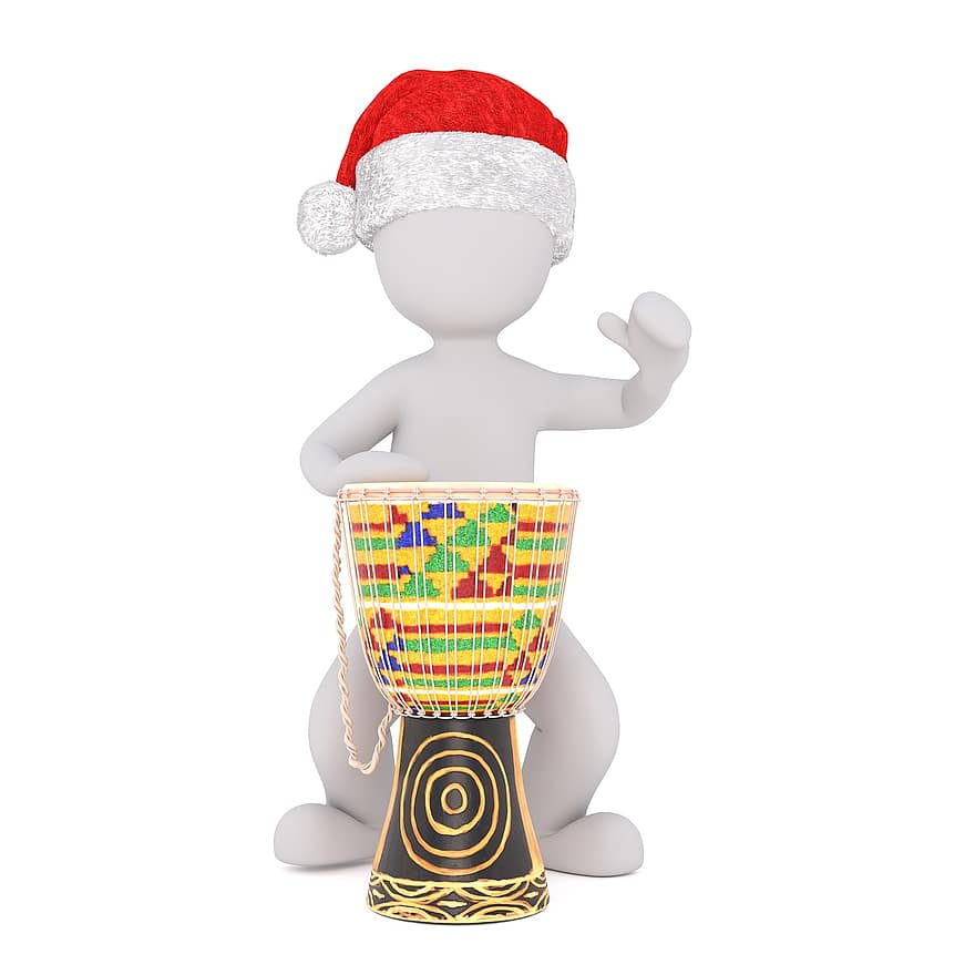 blanke man, 3d model, volledige lichaam, 3d, wit, geïsoleerd, Kerstmis, kerstmuts, trommel, bongo, muziekinstrument
