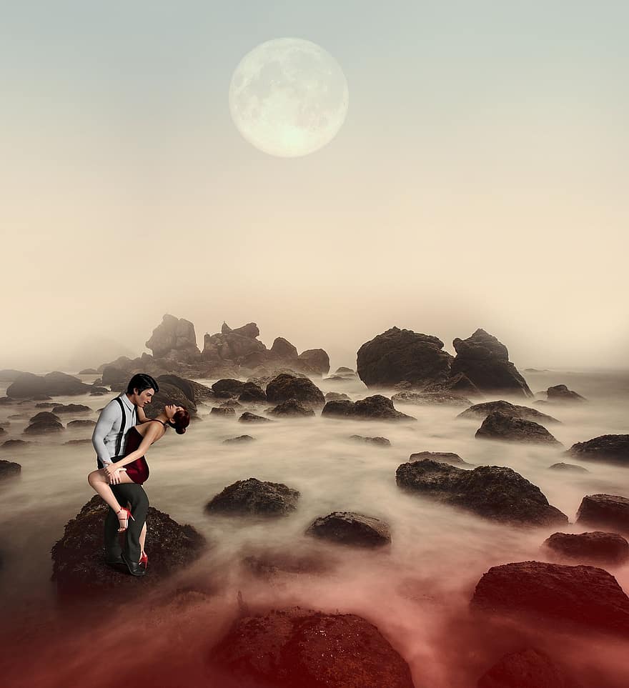 пара, скелі, фантазія, місяць, місячне світло, туман, туманний, коханці, романтичний, романтика, містичний