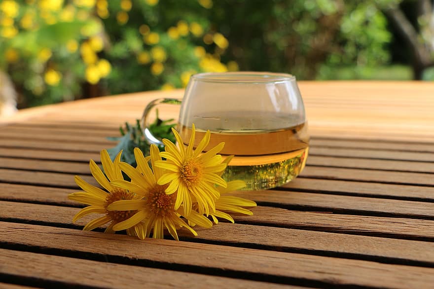 trà, uống, cốc, những bông hoa, bó hoa, bàn, bề mặt