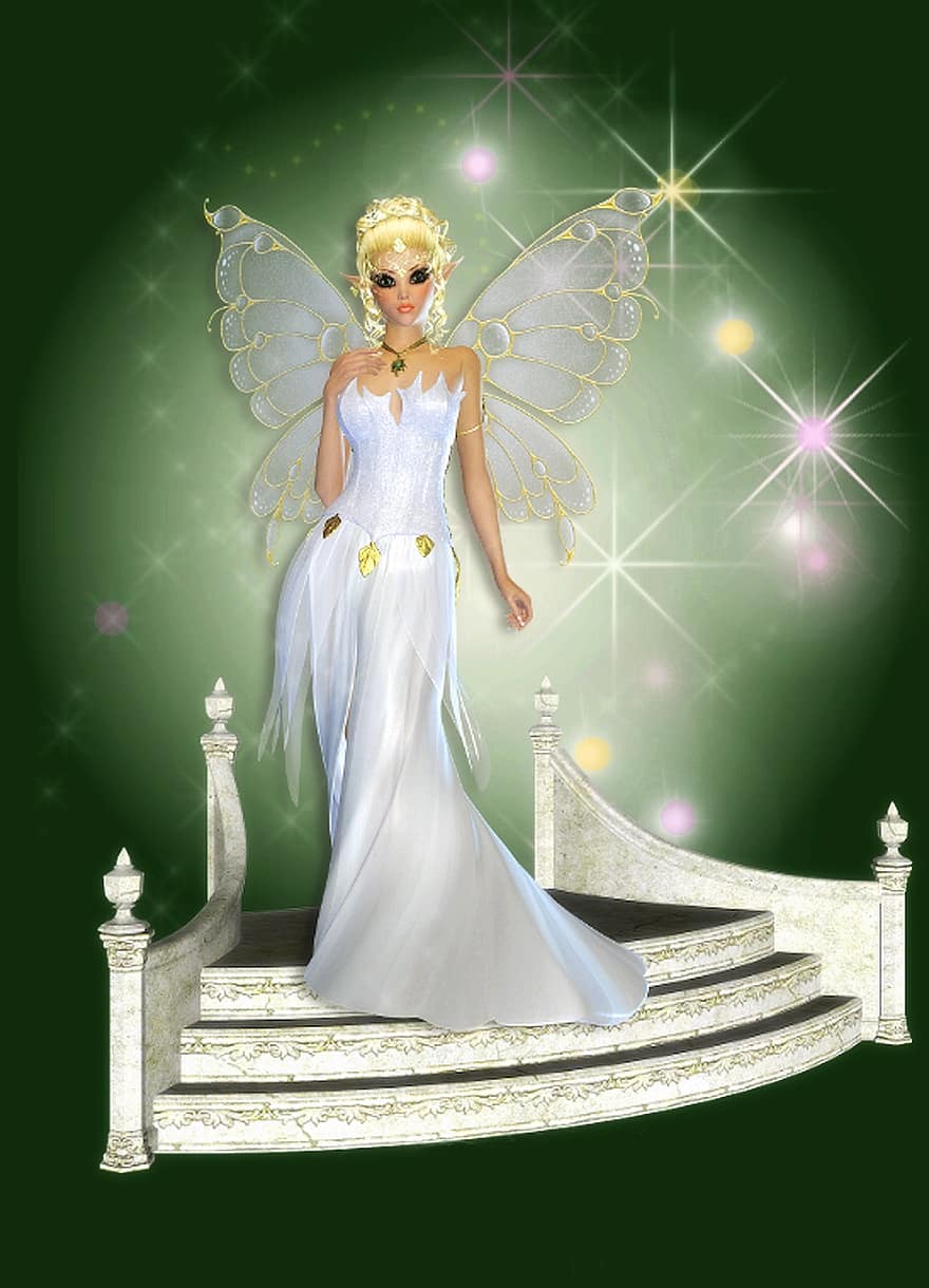 Hada fae, hermoso rostro, piel bronceada, rubia, Vestido elegante de satén blanco, estrellas, En las escaleras, con alas, mágico, cuento de hadas, místico