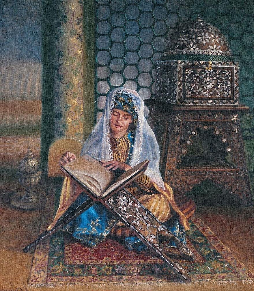 mulher, livro, tapete, Alcorão, vintage, otomano, muçulmano, cultura, islamismo, islâmico, Peru