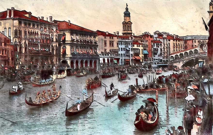 Vintage European Grand Canal Festa, utomhus-, urban, vatten, stad, festival, kanal, stor, gammal, årgång, naturskön
