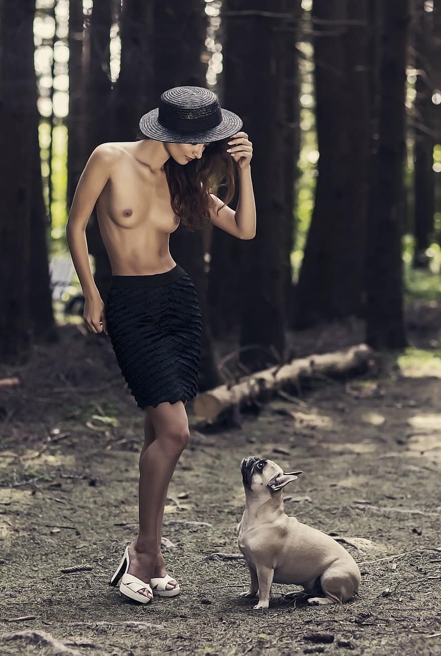 Bulldog francés, niña, bosque, modelo, sombrero, Zapatos, Gerda