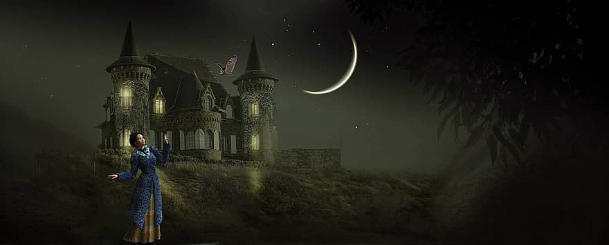 fons, nit, lluna, castell, dona, mussol, fantasmal, Halloween, fosc, horror, religió