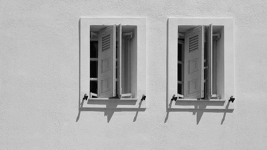 janelas, branco, simples, construção, parede, arquitetura, monocromático