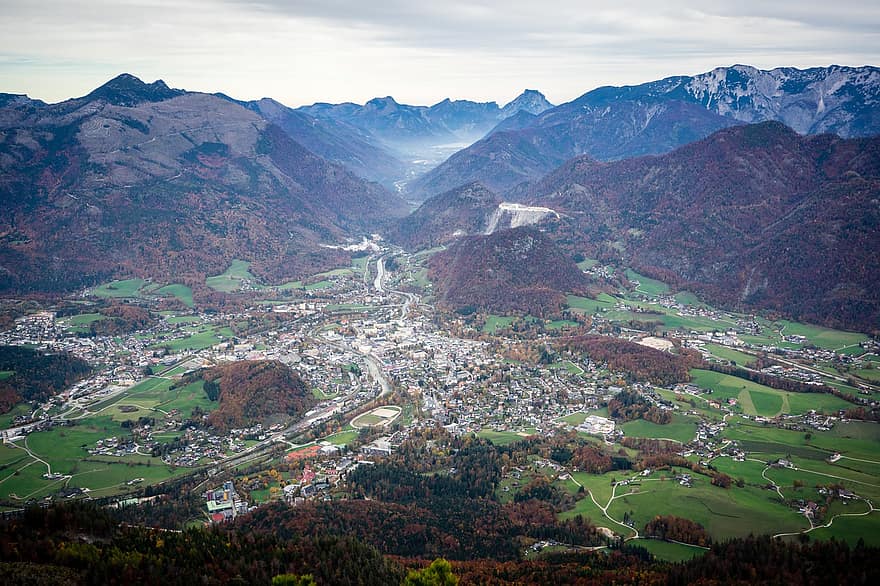 rău este, munţi, oraș, sat, Salzkammergut, Alpi, natură, peisaj montan, Austria