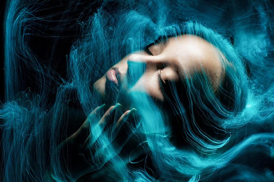 Woman, Beauty, Light Painting, Face, Girl, Portrait, Light, Abstract, Blue, Colorful, Long Exposure