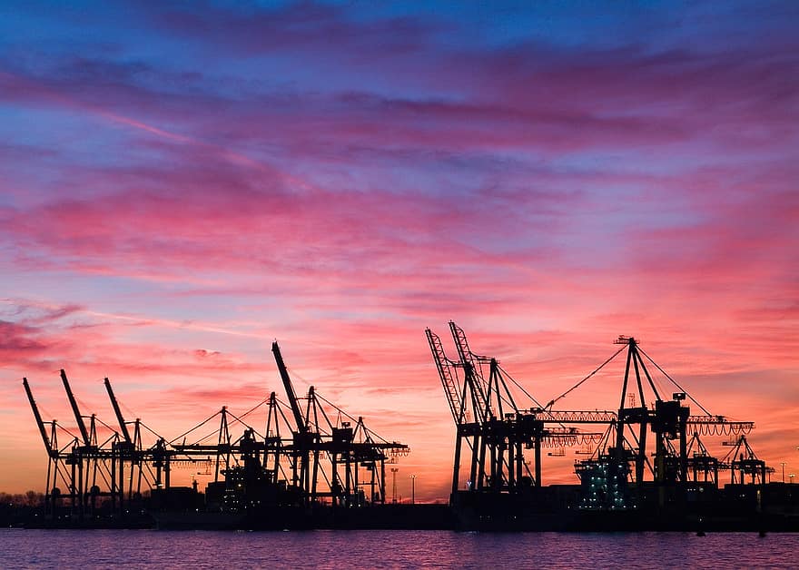Hamburg, konteyner Terminali, gün batımı, Liman, Elbe nehri, vinçler, alaca karanlık, Nakliye, kargo konteyneri, vinç, inşaat makineleri