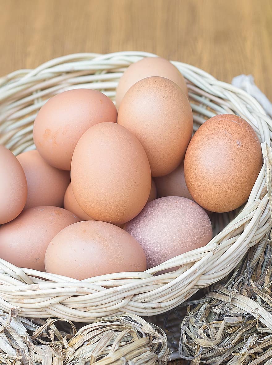 eieren, kippeneieren, verse eieren, voedsel, versheid, dierlijk ei, detailopname, biologisch, farm, mand, gezond eten