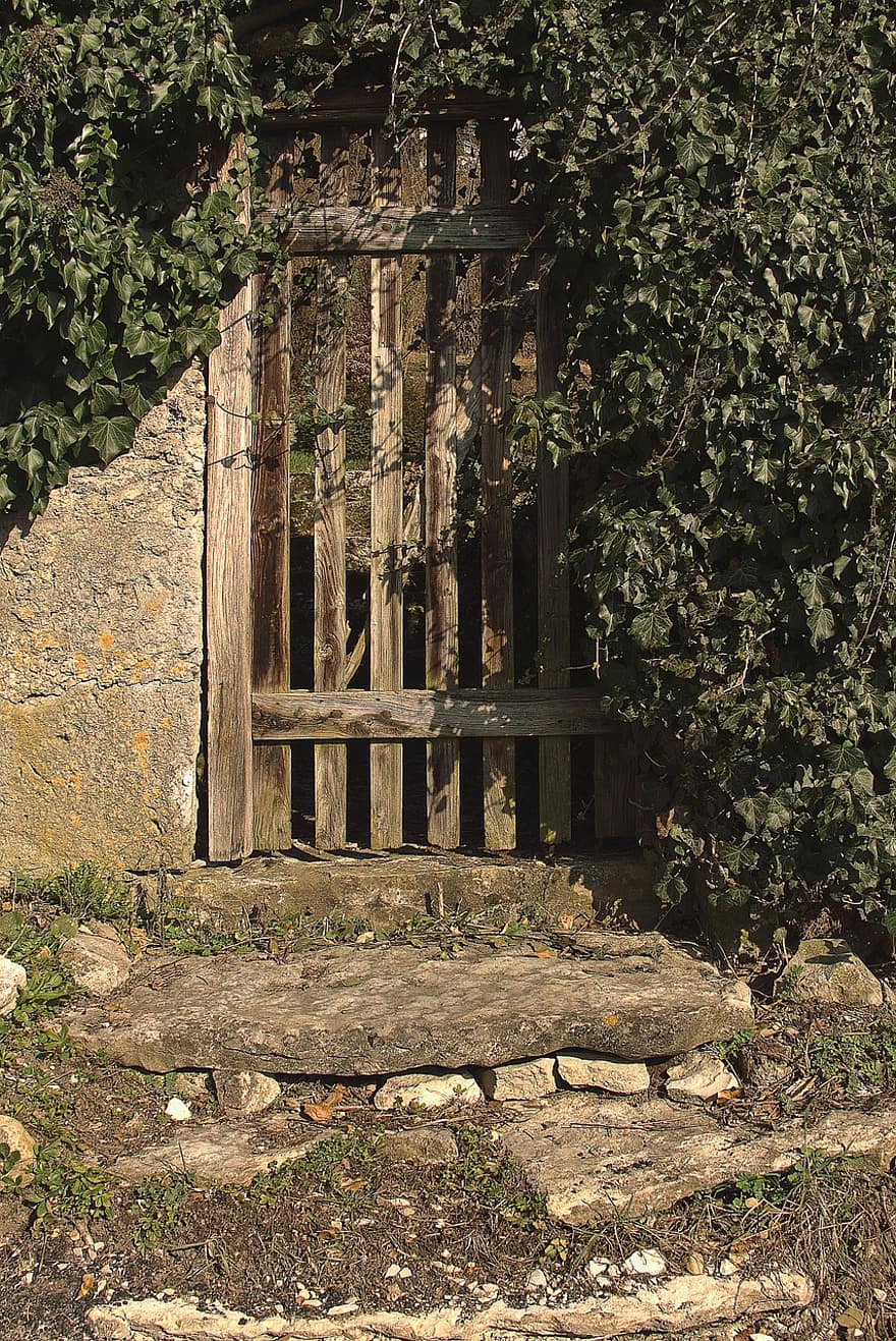 Wall, Wooden Door, Stone Stairway, Ivy, Village, Rural, House, Small Place, Locality, Vintage, Garden Door