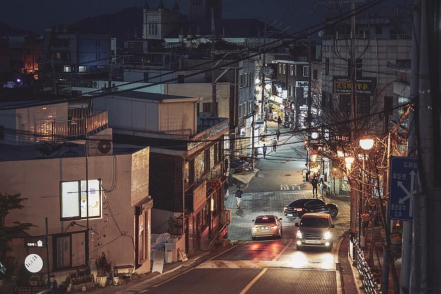 Dél-Korea, utca, Szöul, szürkület, napnyugta, város, tájkép, filmfotózás, éjszaka, autó, városkép