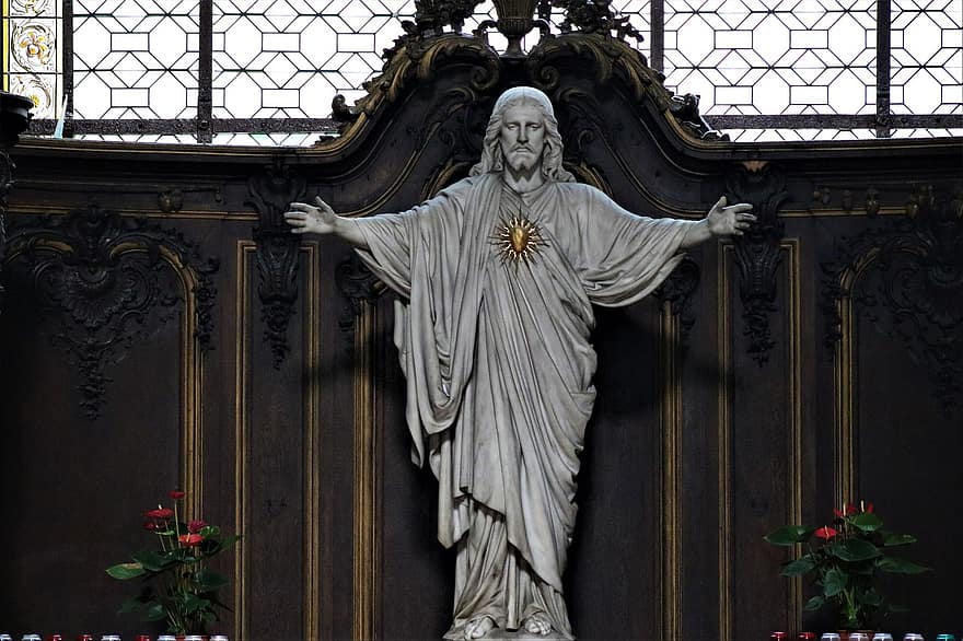 Jēzus, statuja, baznīca, svēta sirds, Jēzus Kristus, Dievs, atvērtām rokām, skulptūra, katoļu