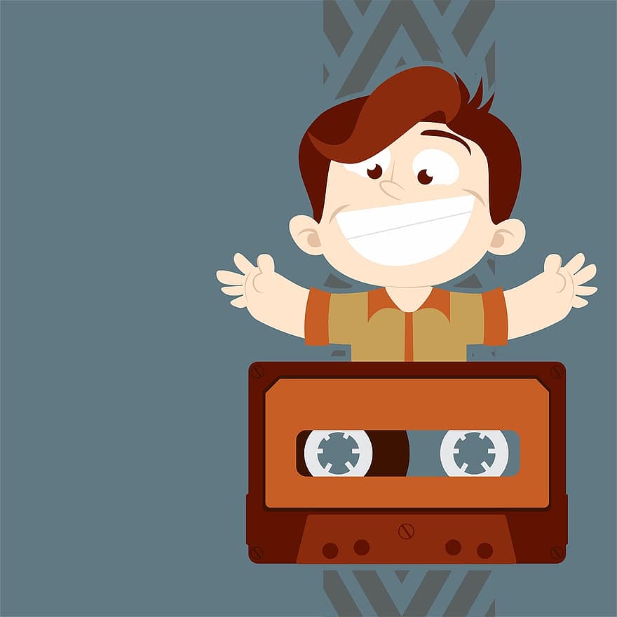 Tape, Man, Happy, Music, Joy, Smile, Excited, Nice, Illustration, Hair, Happiness