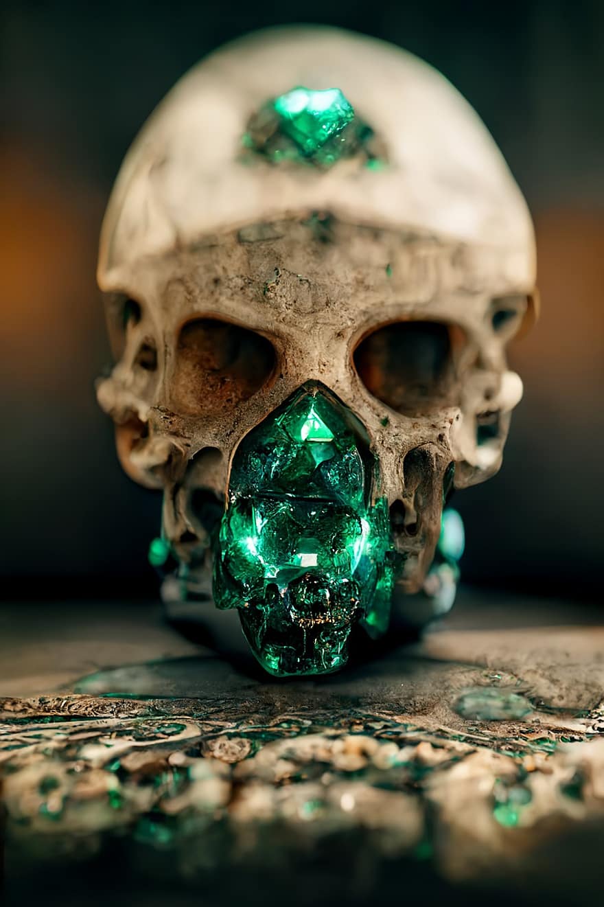 cranio, Morte, Smeraldo, cristallo, rendere, 3d, gioielli, ornato, avvicinamento, pietra preziosa, singolo oggetto