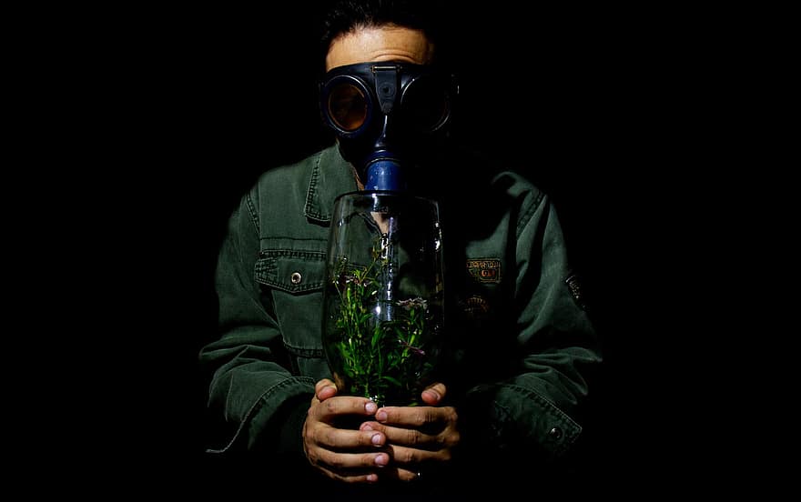 plynová maska, muž, temný, portrét, sklenka, rostlina, kyslík