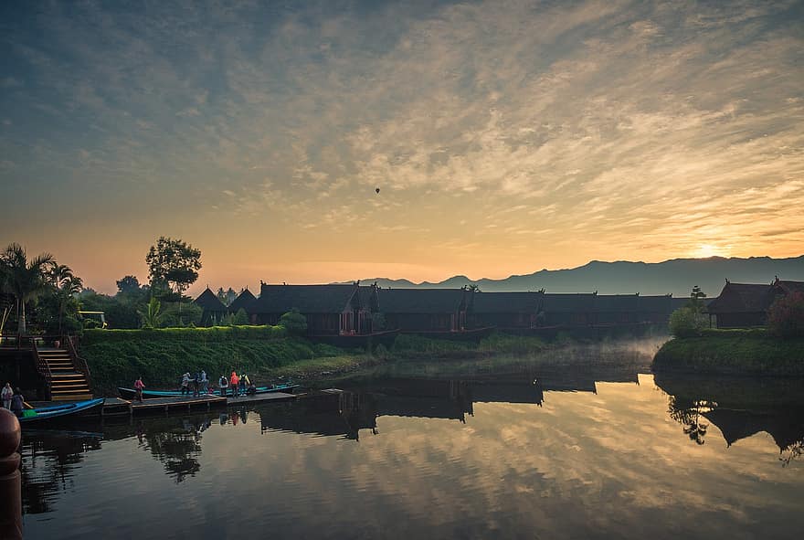 ežeras, aušra, atspindys, debesys, rūkas, žmonių, pobūdį, mianmaras, vanduo, Inle Lake-viešbutis Pristine