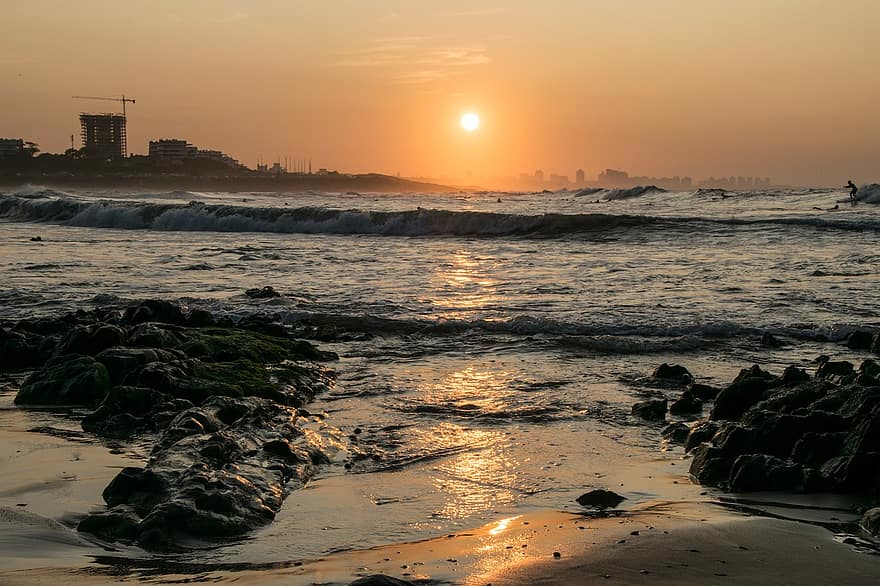 gün batımı, plaj, siluet, adam, sörfçü, yazı tahtası, sörf yapmak, Su, deniz, yaz, Punta del Eeste