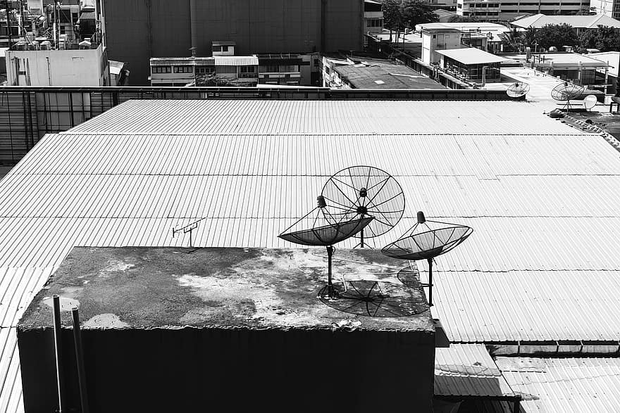 покрив, сателитна чиния, антена, сгради, монохромен, градски, дигитален, Връзка, кабел, спътник, 5 грама