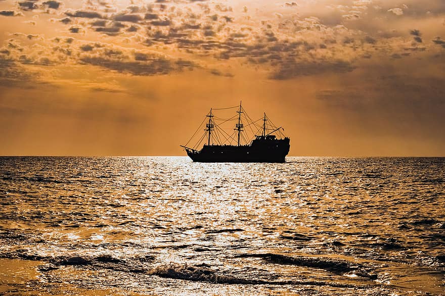 navă, apus de soare, mare, plajă, ocean, siluetă, iluminare din spate, vas, corabie cu pânze, raze de soare, barcă