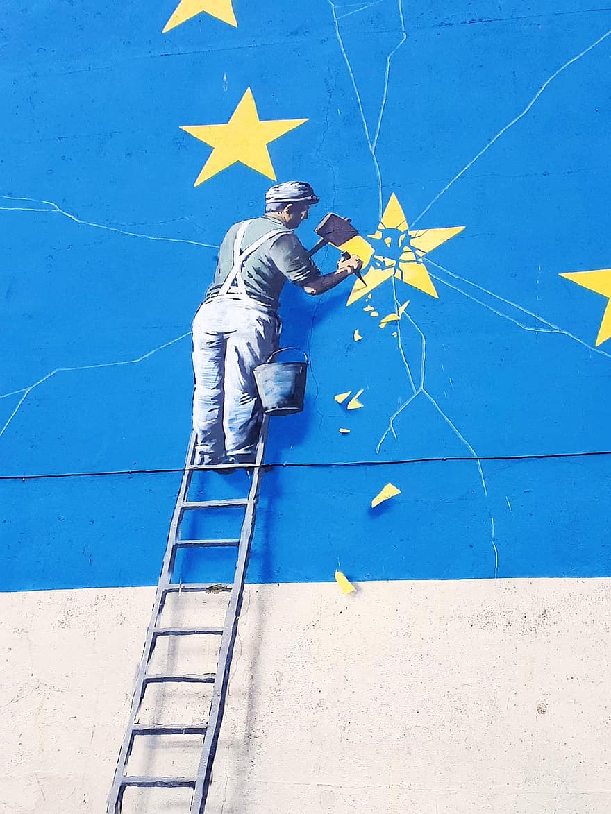 граффити, фреска, лестница, звезда, уличное искусство, Бэнкси, brexit, Дувр, Евросоюз, Европа, флаг
