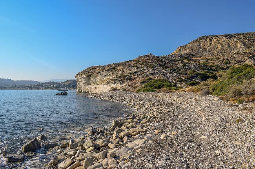 Chipre, Pissouri Bay, panorama, selvagem, de praia, mar, manhã
