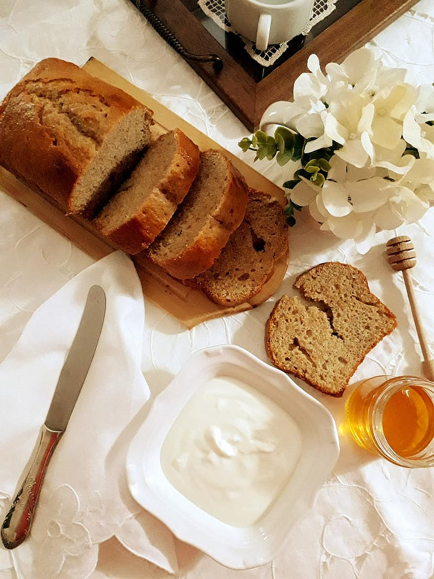 sarapan, kue prem, berbaring datar, madu, pisau roti, penyebaran, makan, roti, makanan, kesegaran, gourmet