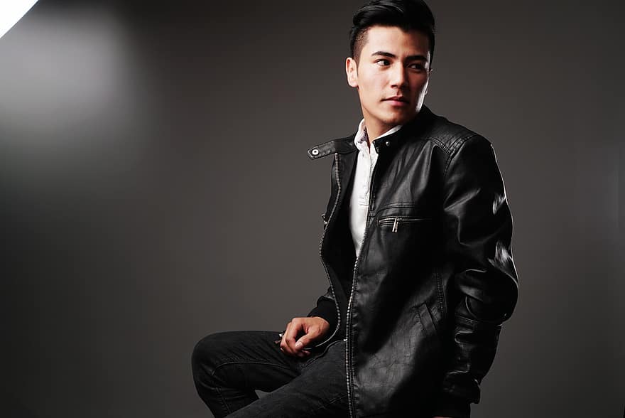 Man, Model, Face, Leather Jacket, Curiosity, Young, Male, Person, Business, Looking Away, People