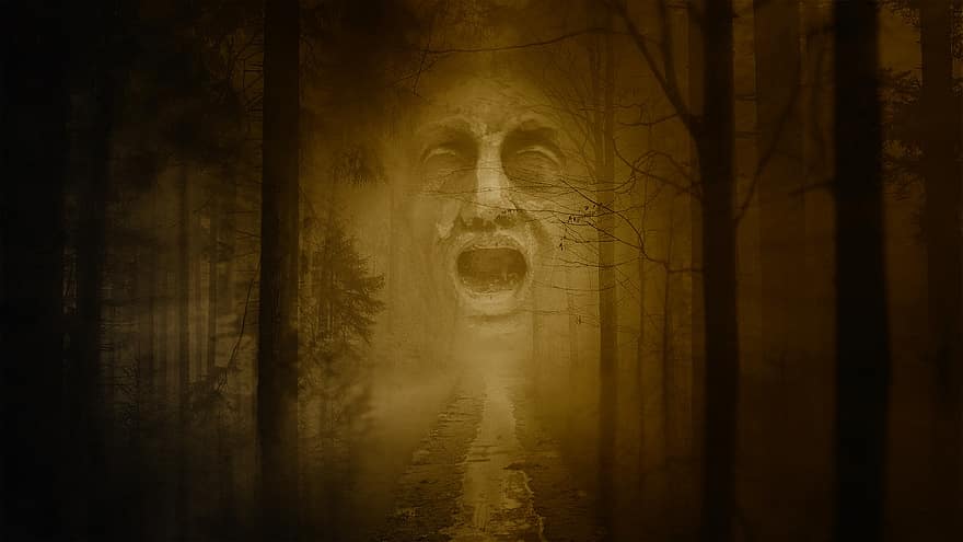 лес, фильм ужасов, дух, лицо, призрак, смерть, туман, деревья, леса