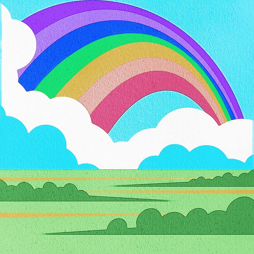 aquarel landschap, regenboog, veld-, hoop, kleurrijk, wolken, zomer, natuur, landschap, bomen, hemel
