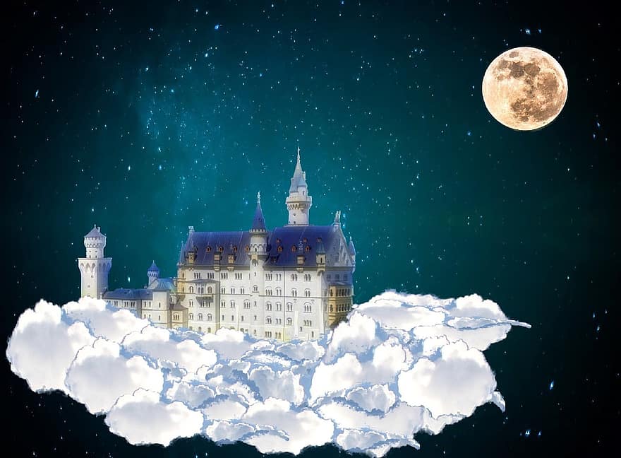 slot, skyer, eventyr, drøm, stjernehimmel, magi, drømme, måne, himmel, stjerne, nat