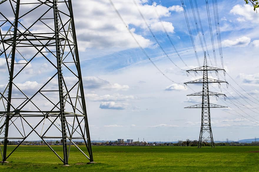 Electricity Pylons, Transmission Towers, Field, Nature, fuel and power generation, electricity, blue, electricity pylon, steel, construction industry, power line