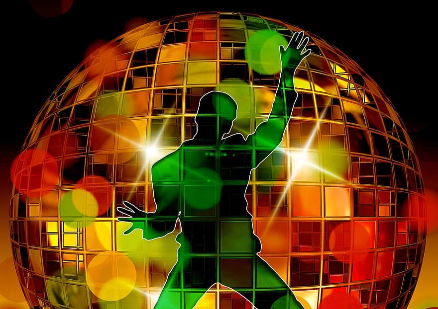 Silhouette, Mädchen, Mann, Bewegung, Disco-Kugel, springen, tanzen, Licht, Party, Disko, Nachtclub