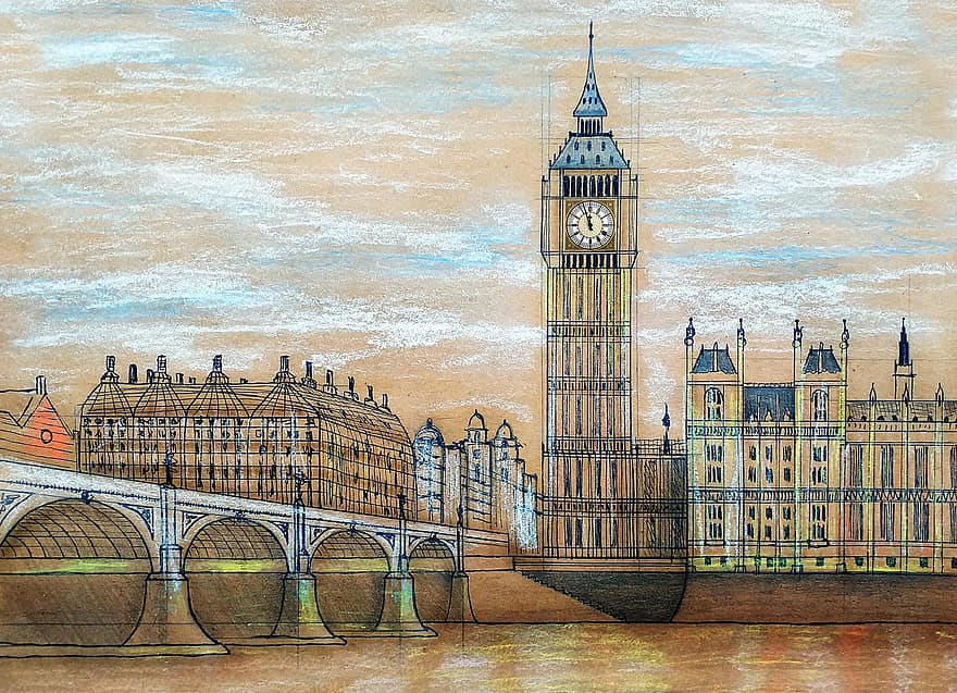 Londonas, Didysis Benas, Elžbietos bokštas, laikrodis, bokštas, Anglijoje, Thames, upė, krantinė, tiltas, miestas
