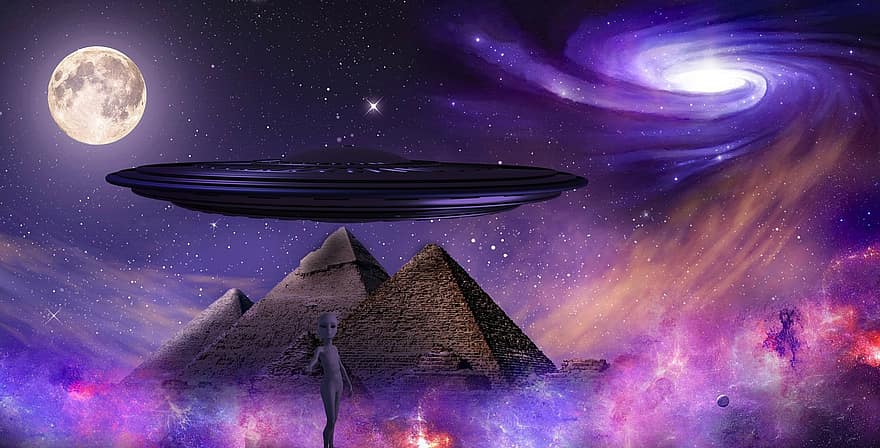 пирамиды, пришелец, пространство, космический корабль, фантастика, ночь, галактика, звезда, астрономия, наука, туманность