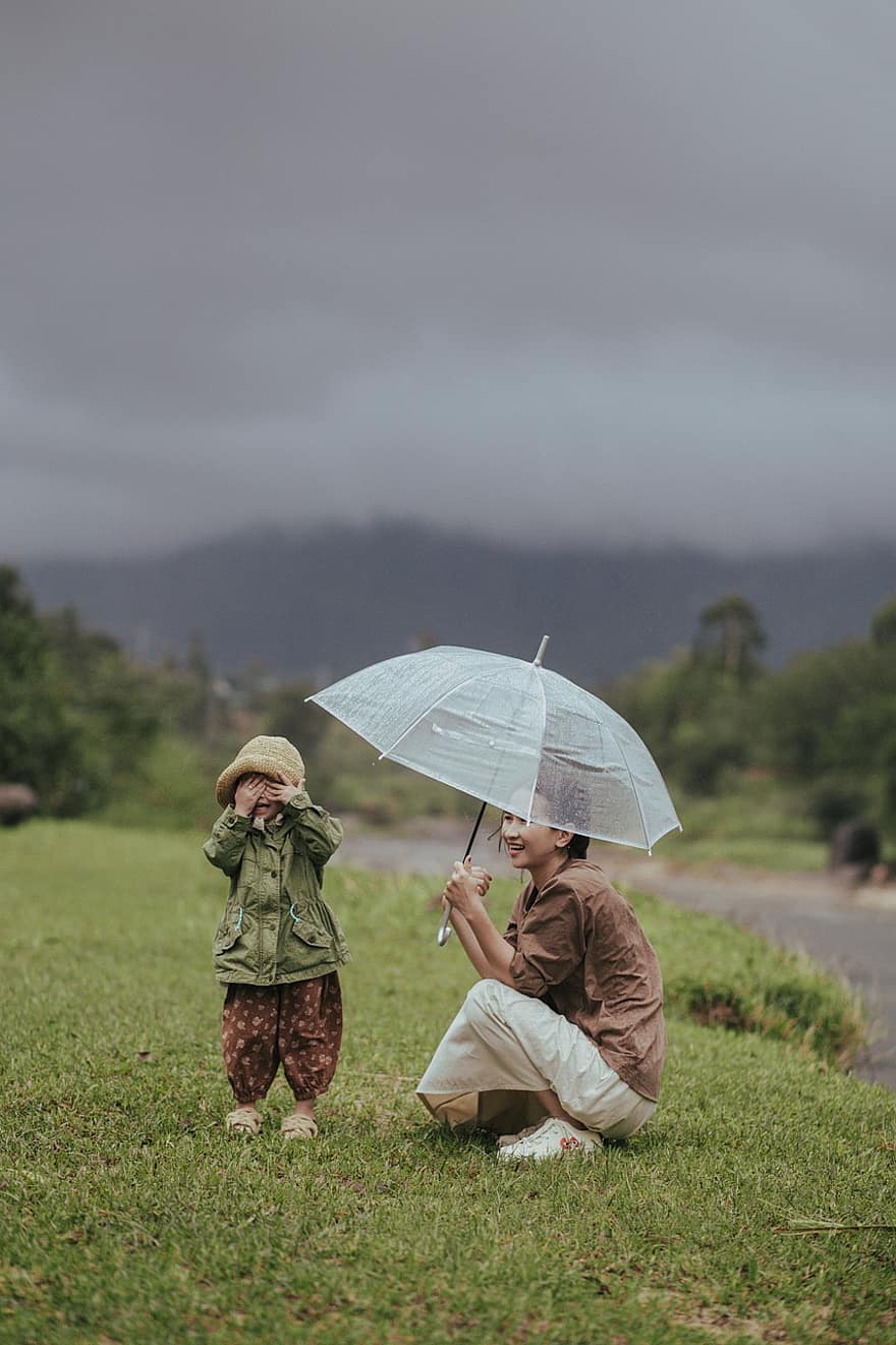 Mother, Daughter, Umbrella, Outdoors, Rain, Parent, Baby, Child, People, Family, Love