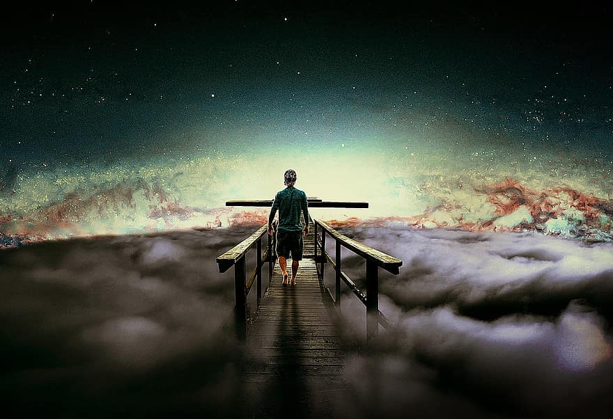 Bridge, Man, Clouds, Space, Lost, Abandoned, Atmosphere, Universe, Cosmos, Clods, Old