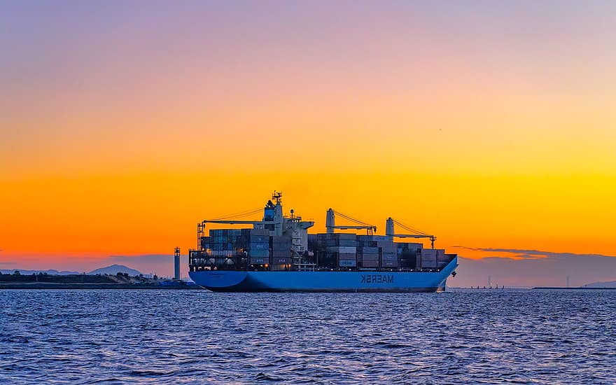 panorama, mar, porto de osaka, após o por do sol, afterlight, navio porta-contentores, logística
