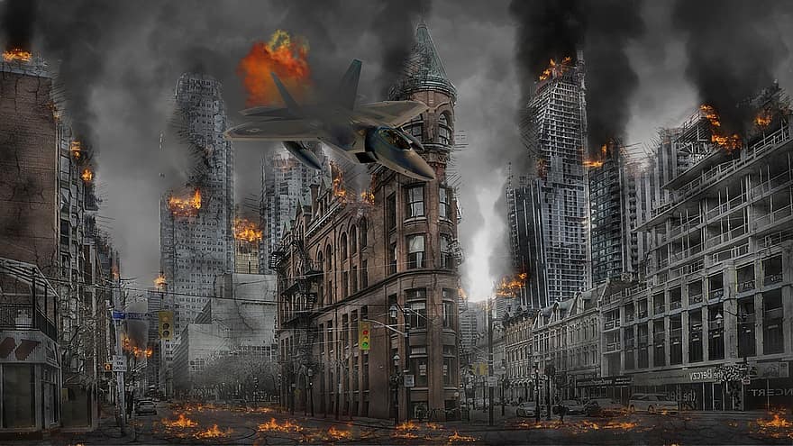 Miasto, wojna, samolot, ogień, zniszczenie, Fantazja, noc, zjawisko naturalne, płomień, na zewnątrz budynku, zbudowana struktura