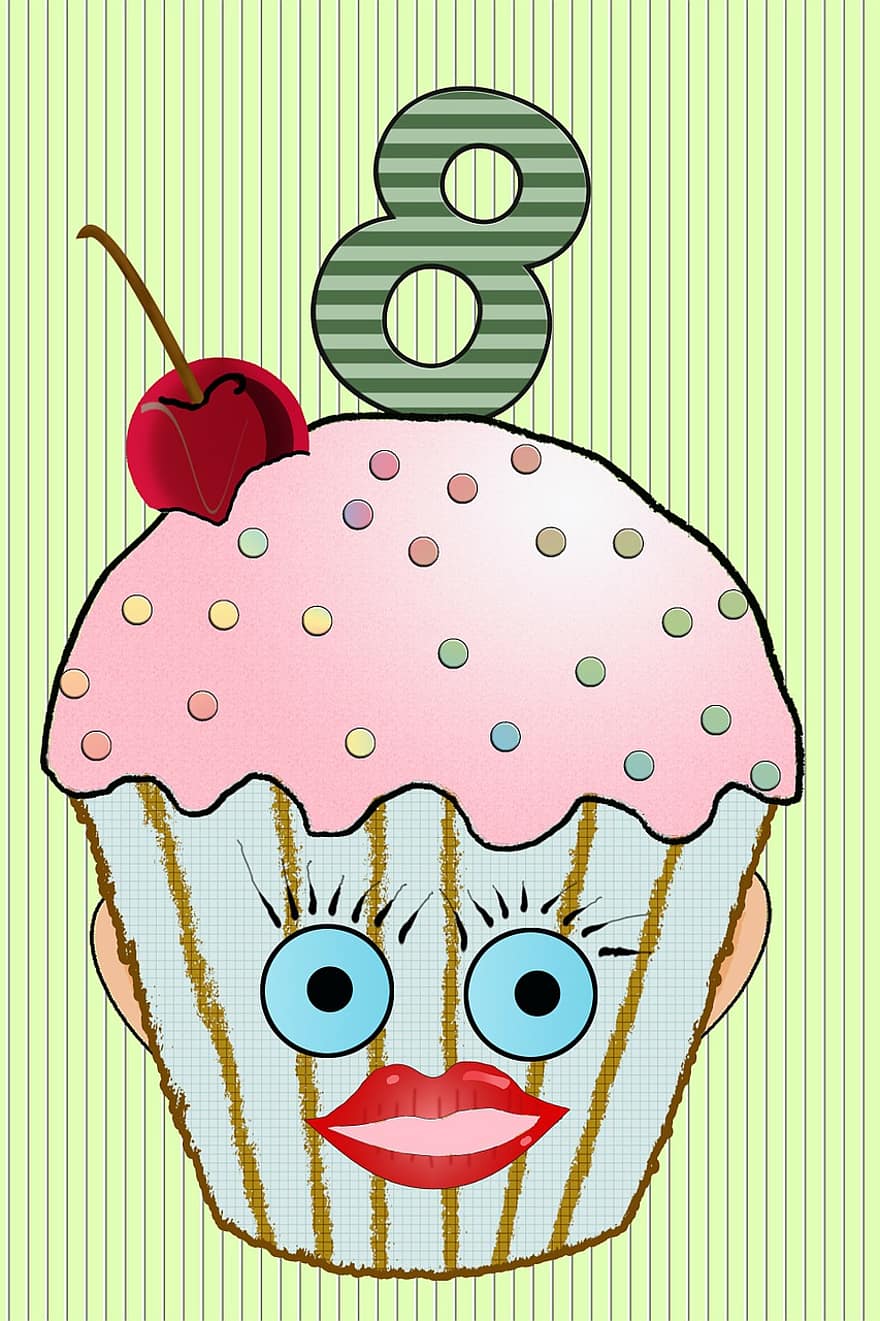 pohár dort, muffin, narozeniny, 8, pečivo