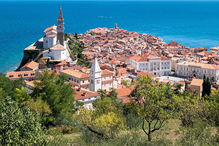 Пиран, остров, море, град, Словения, бряг, крайбрежие, архитектура, известното място, християнство, градски пейзаж
