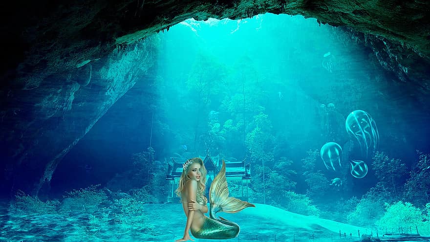 морска сирена, пещера, вода, фантазия