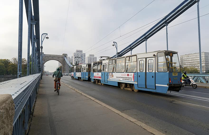 pont, carretera, tramvia, transport, bicicleta, ciclista, moto, trànsit, a l'aire lliure, ciutat